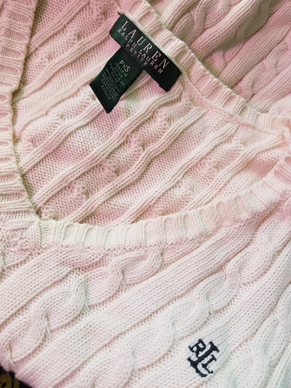 Vintage Lauren Ralph Lauren Cream Cable-Knit V-Neck Sweater